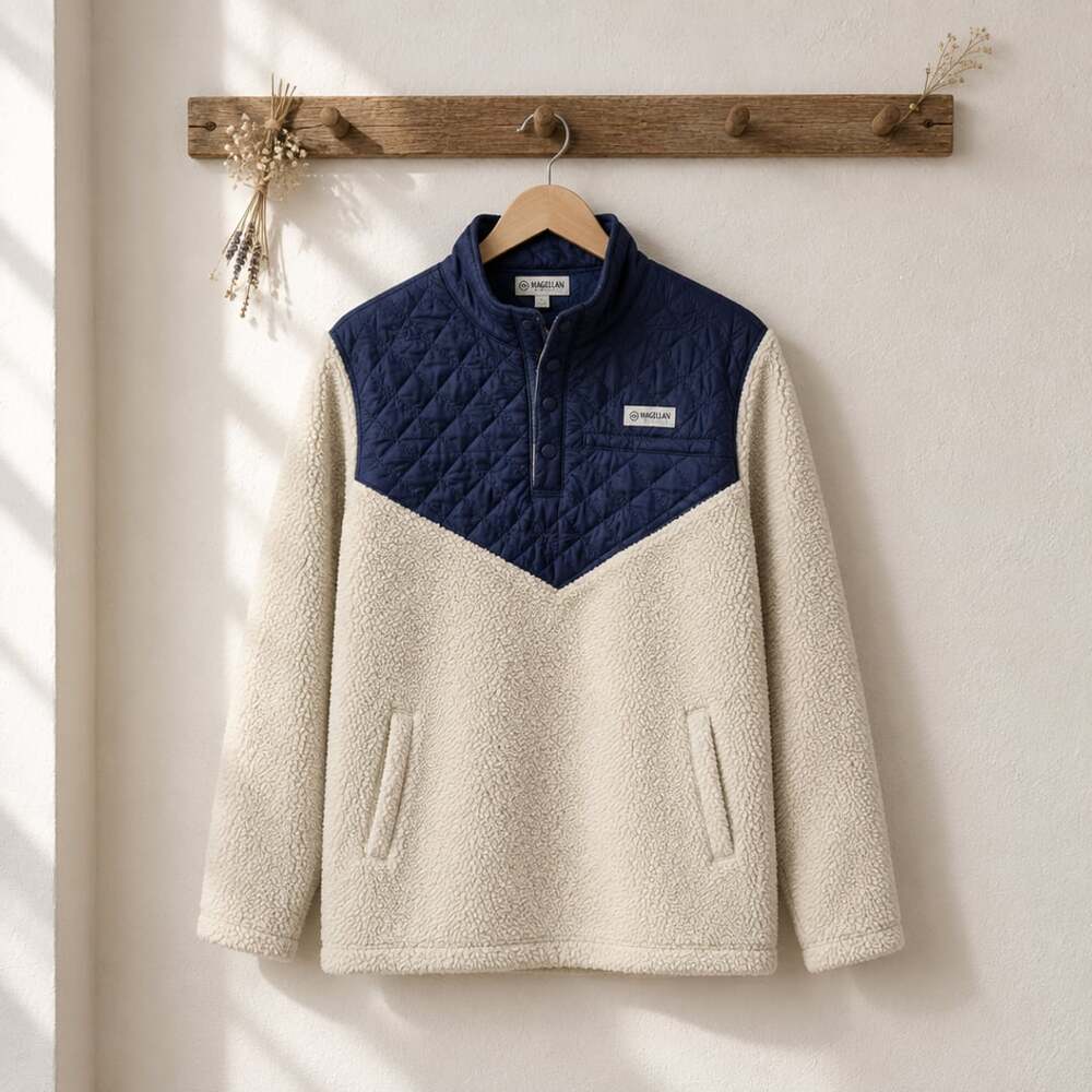 Magellan Outdoors Quilted Fleece Pullover Size L Blue Cream Snap